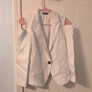 Paul & Zera white shoulderless blazer with skinny dotted stripes.